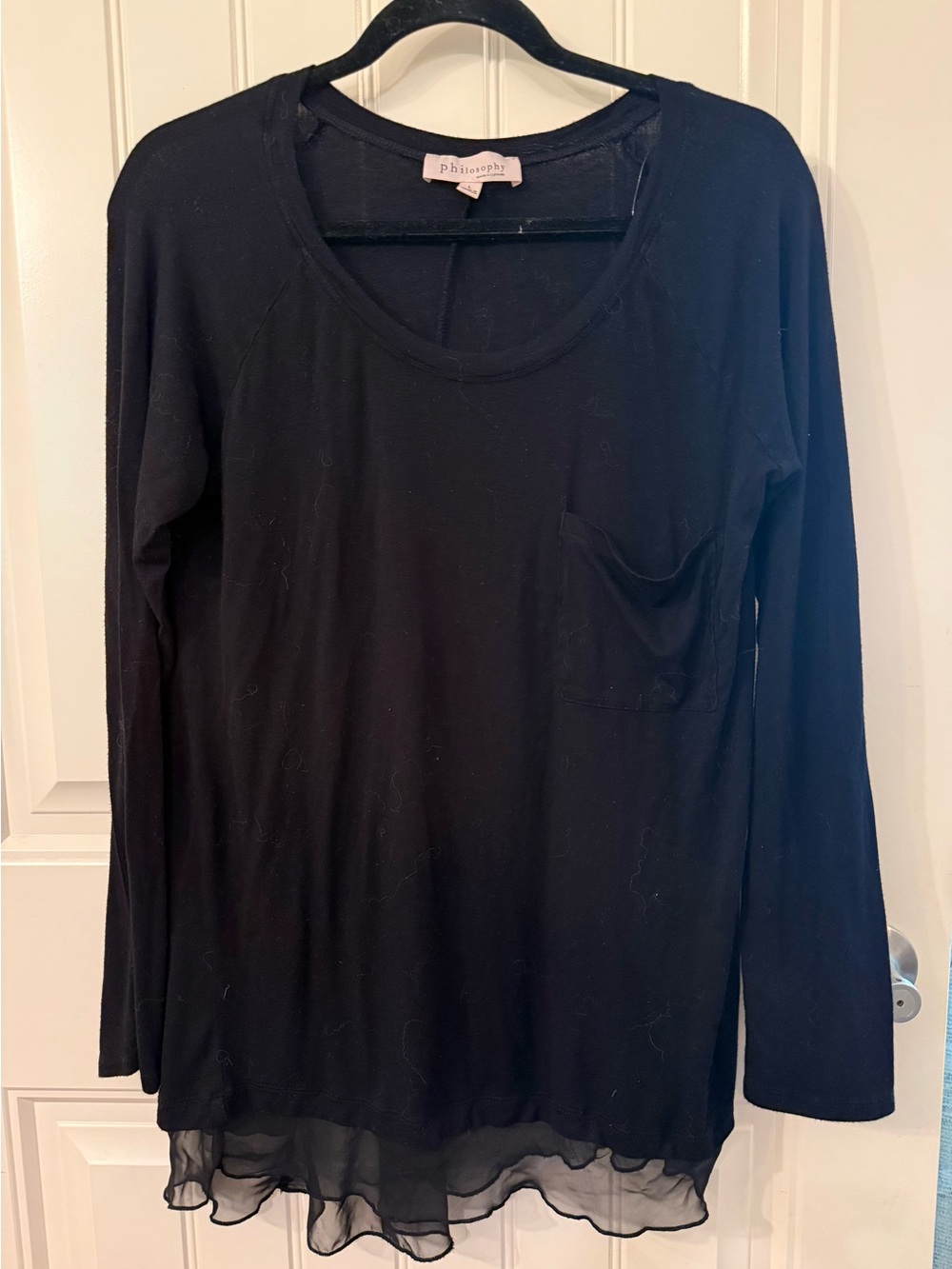 Philosophy Black Long-Sleeve Scoop Neck Top with Sheer Ruffle Hem